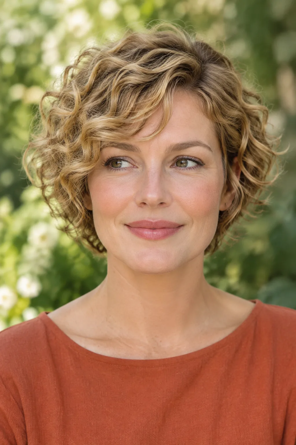 Woman with a curly pixie bob and deep side part in honey blonde