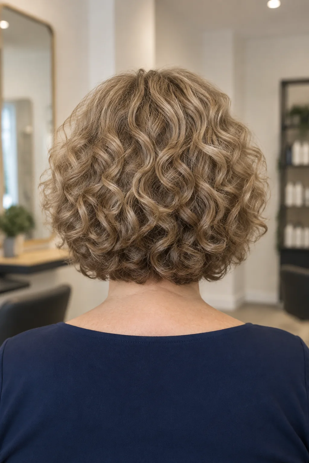 Rear view of a curly bob showing its rounded silhouette in dark blonde hair