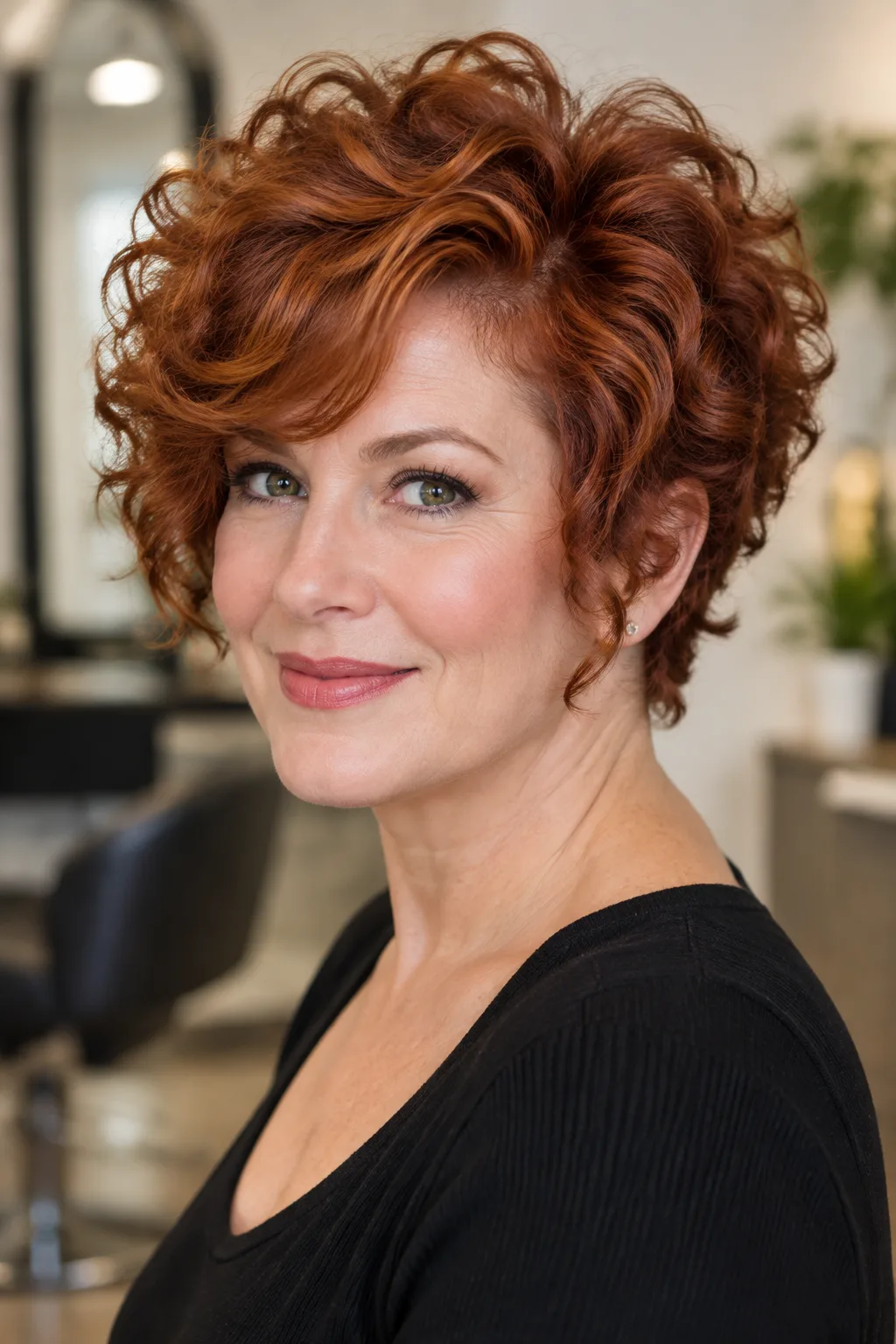 Woman with a voluminous red curly pixie and side-swept fringe