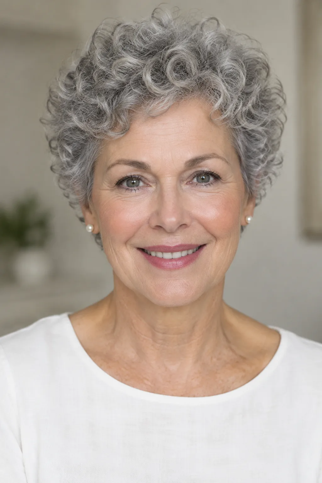 Woman with a short gray curly crop and clearly defined ringlets facing forward