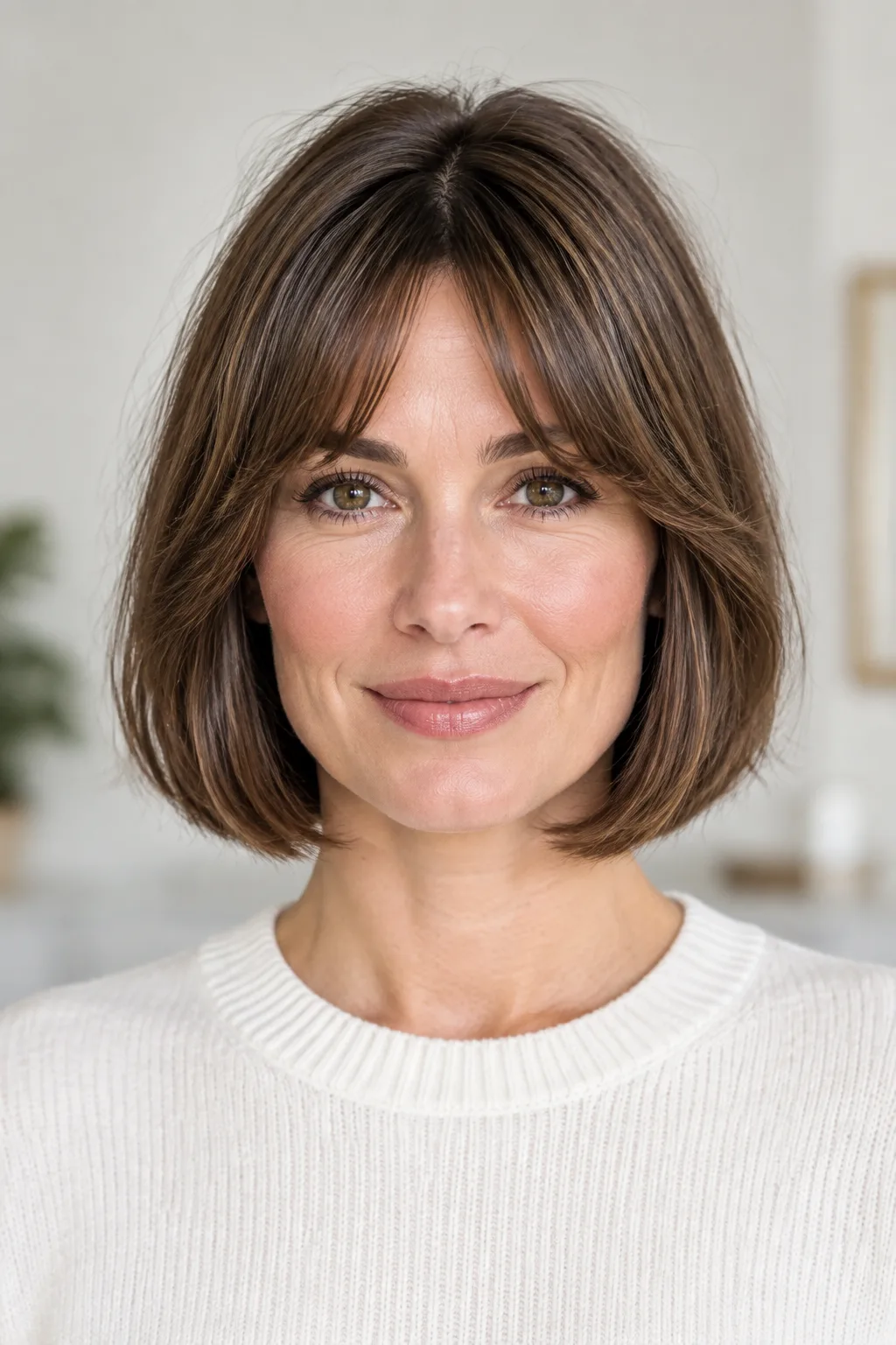 Woman with a classic blunt chin-length French bob and soft curtain bangs facing forward