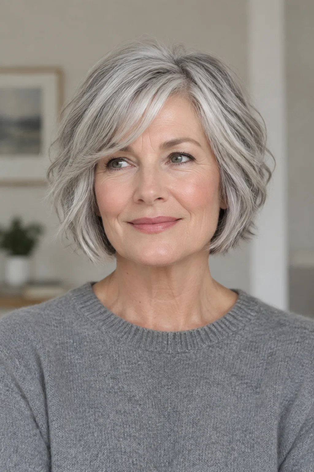 Woman with a silver textured French bob and side-swept bangs facing forward