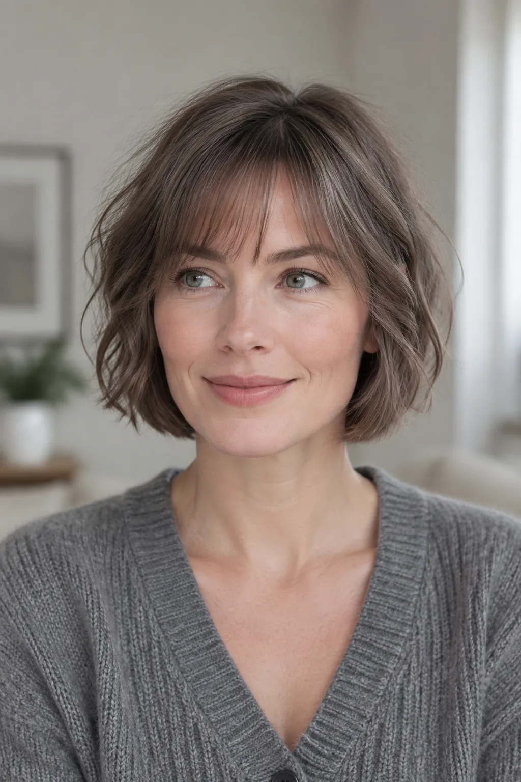 Woman with a fine wispy French bob styled for thin hair facing forward