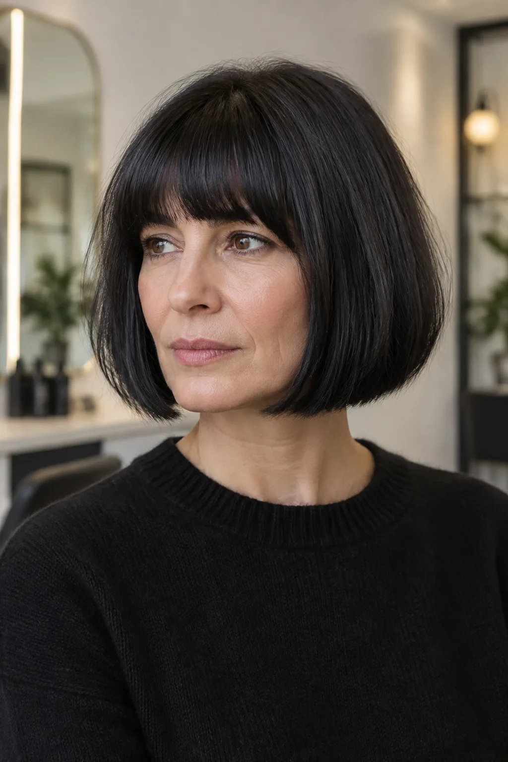 Woman with a thick coarse French bob and blunt fringe in profile facing left