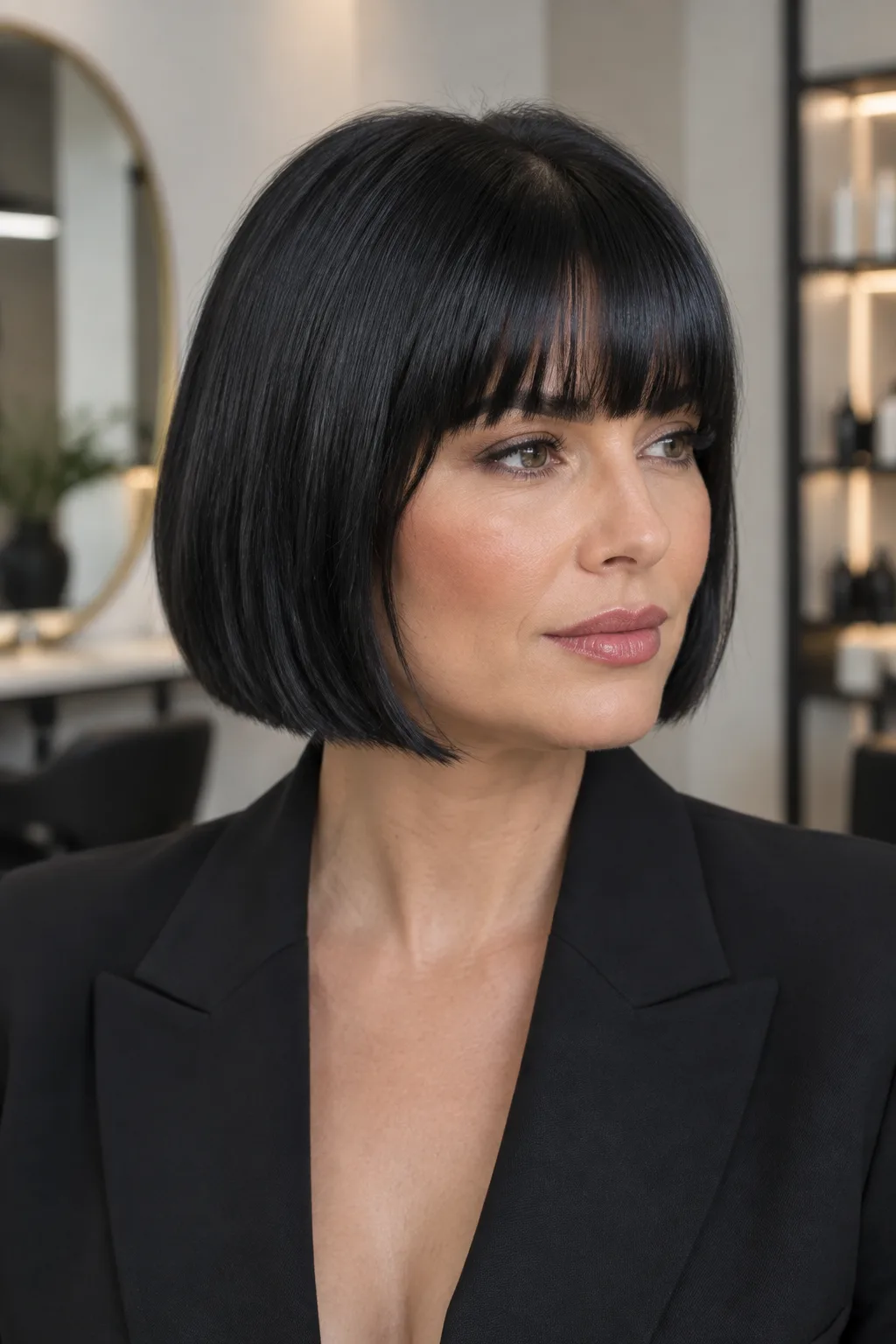 Woman with a sleek black French bob and blunt bangs in profile facing right