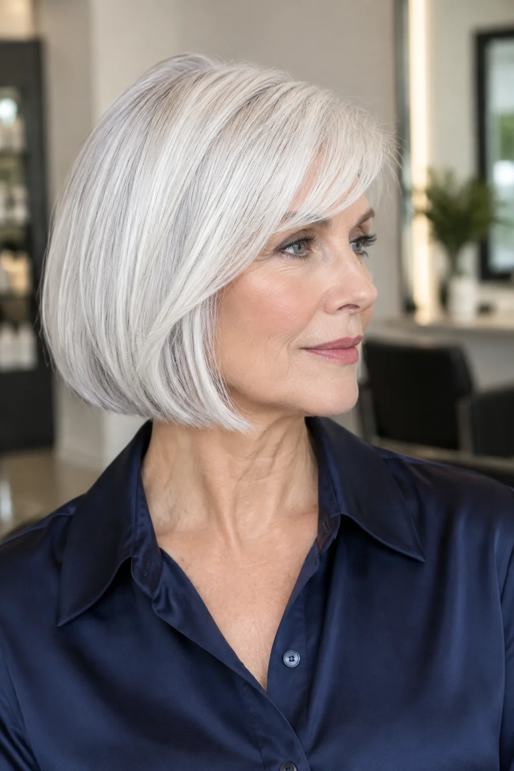 Woman with a silver white French bob and sleek blowout in profile facing right