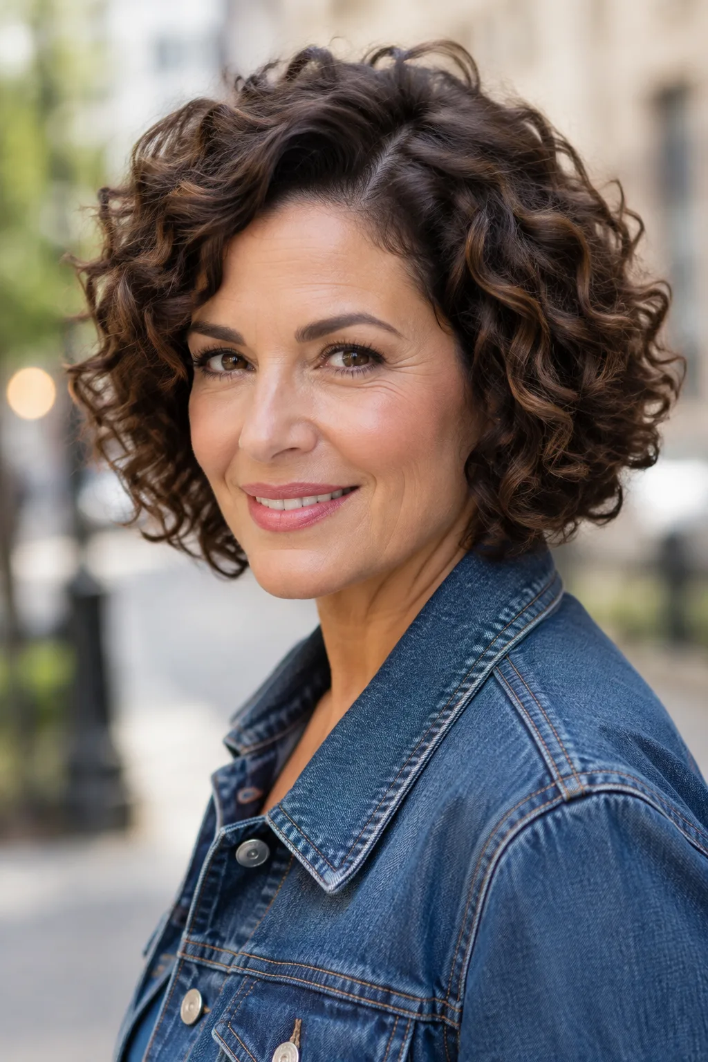 Woman with a curly textured French bob and no bangs turned to the side