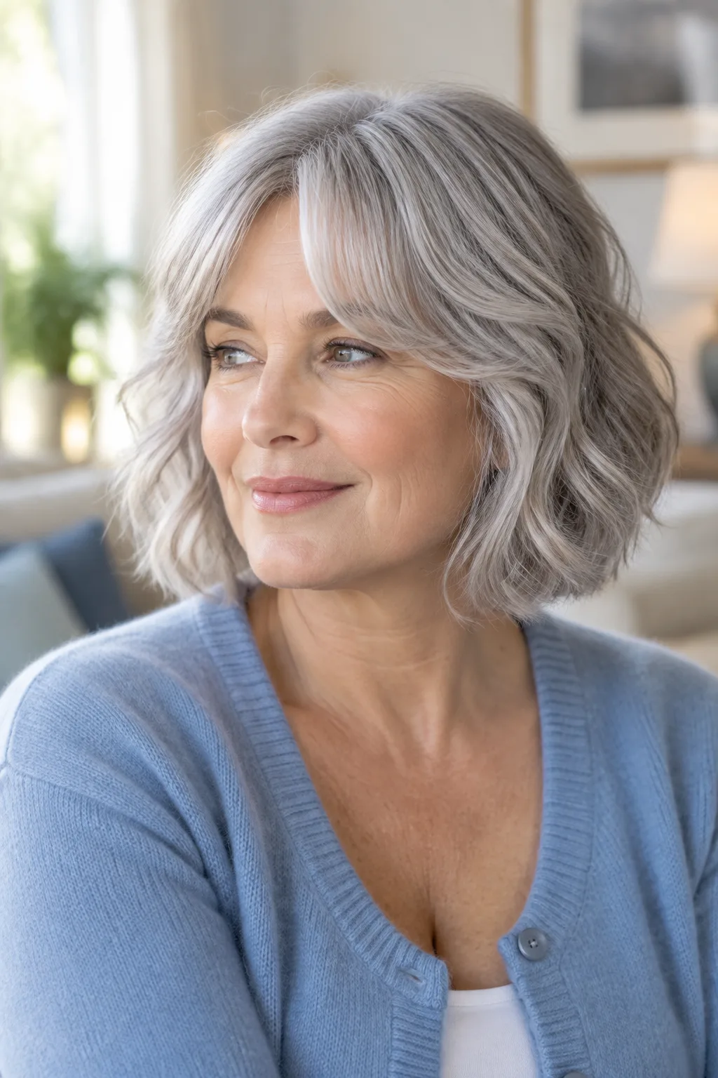Woman over 50 with a wavy silver bob and curtain bangs glancing softly off to the left
