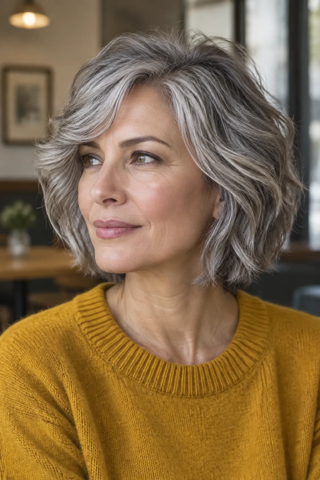 Gray-haired woman with a piecey layered bob and side-swept bangs looking to the left