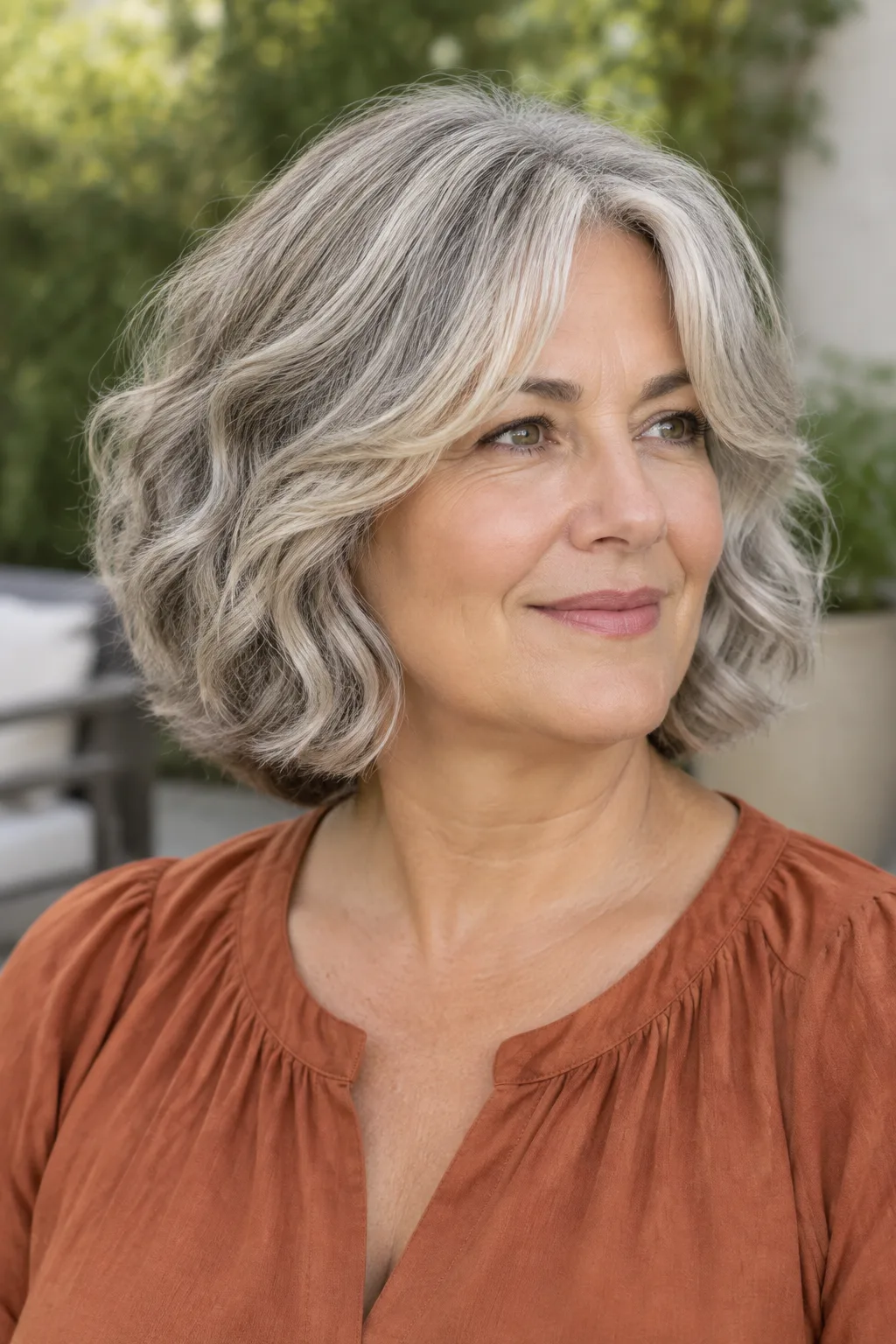 Voluminous wavy gray bob with face-framing layers viewed from the right side