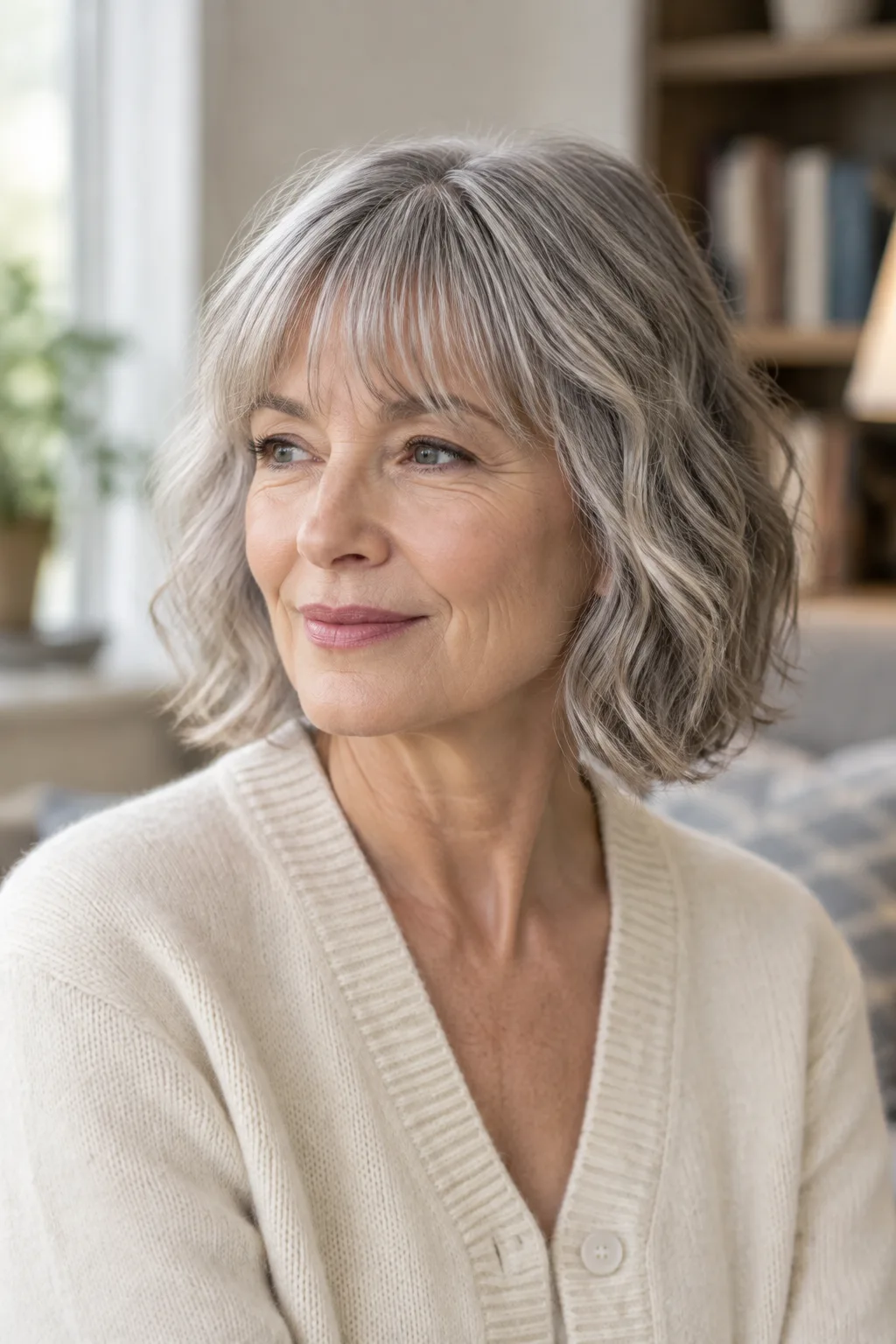 Woman with a fine airy gray bob and brow-grazing bangs looking softly to the left
