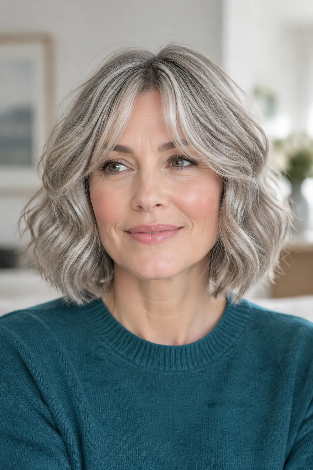 Front view of a loose waved gray bob with curtain fringe, gaze turned to the left