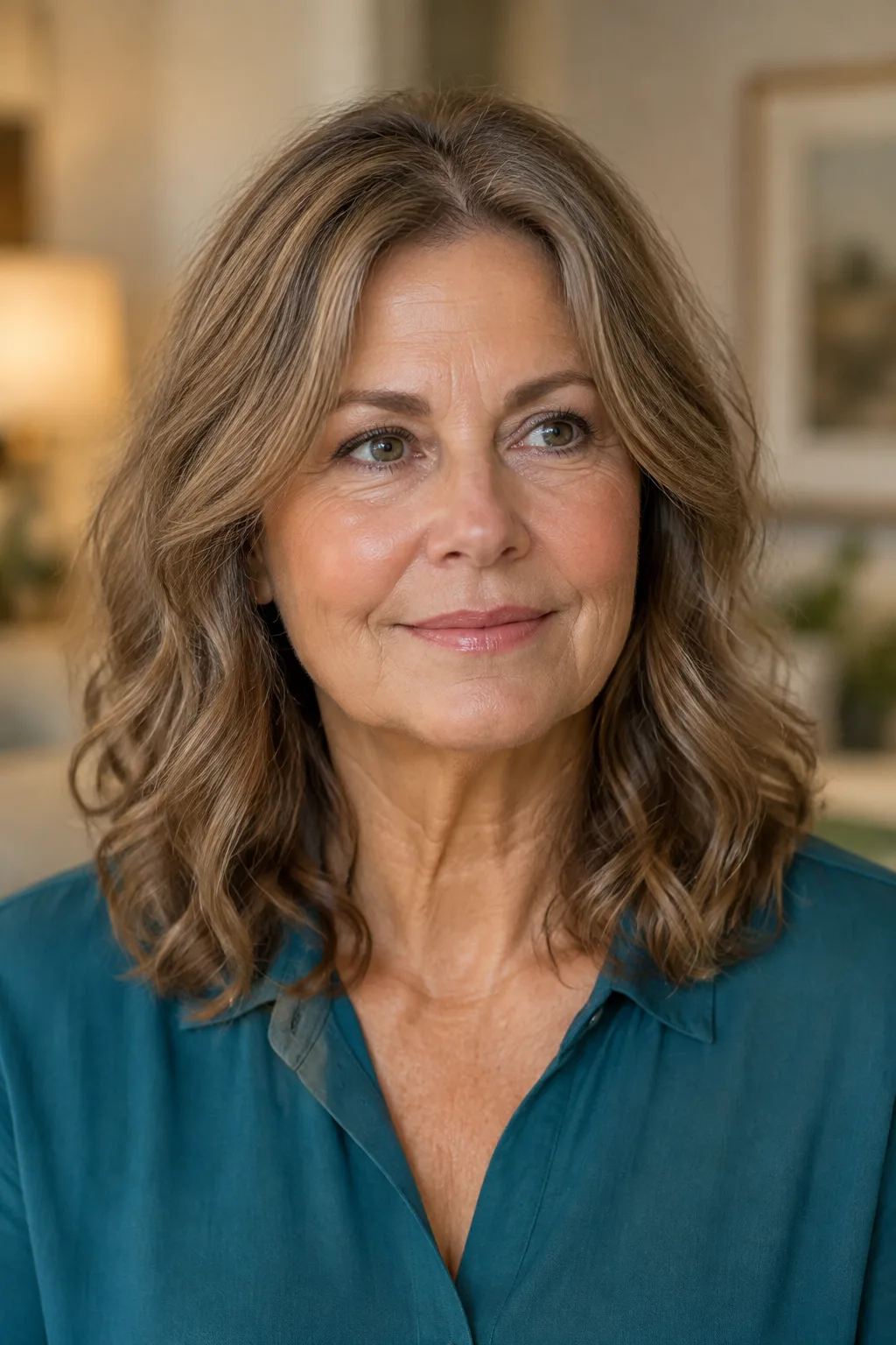Woman over 60 with fine light brown hair wearing a soft wavy shoulder length cut with center part