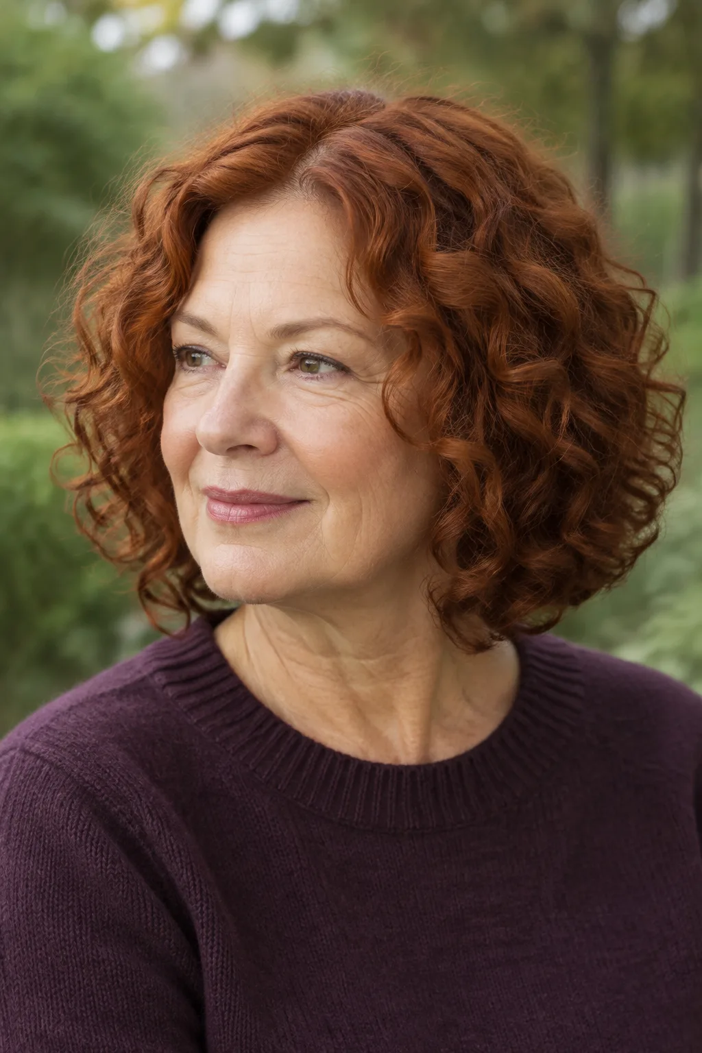 Woman over 60 with fine red curly hair wearing a curly bob with a center part