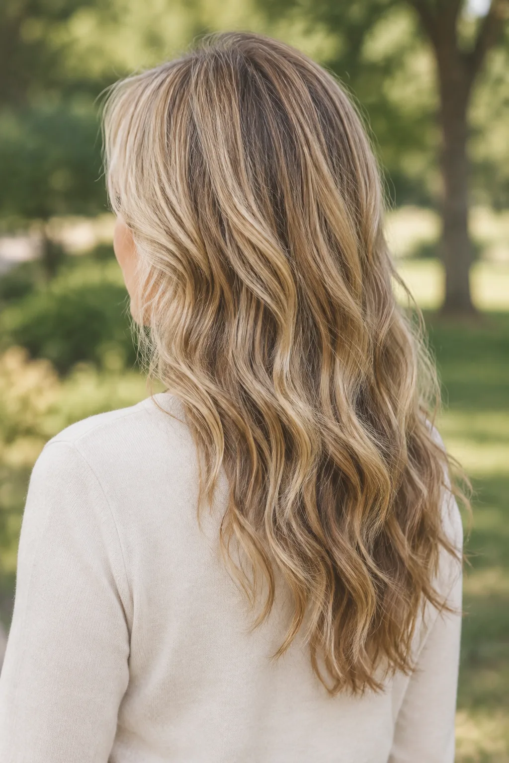 Rear three quarter view of woman over 60 with fine honey blonde hair showing long layered waves