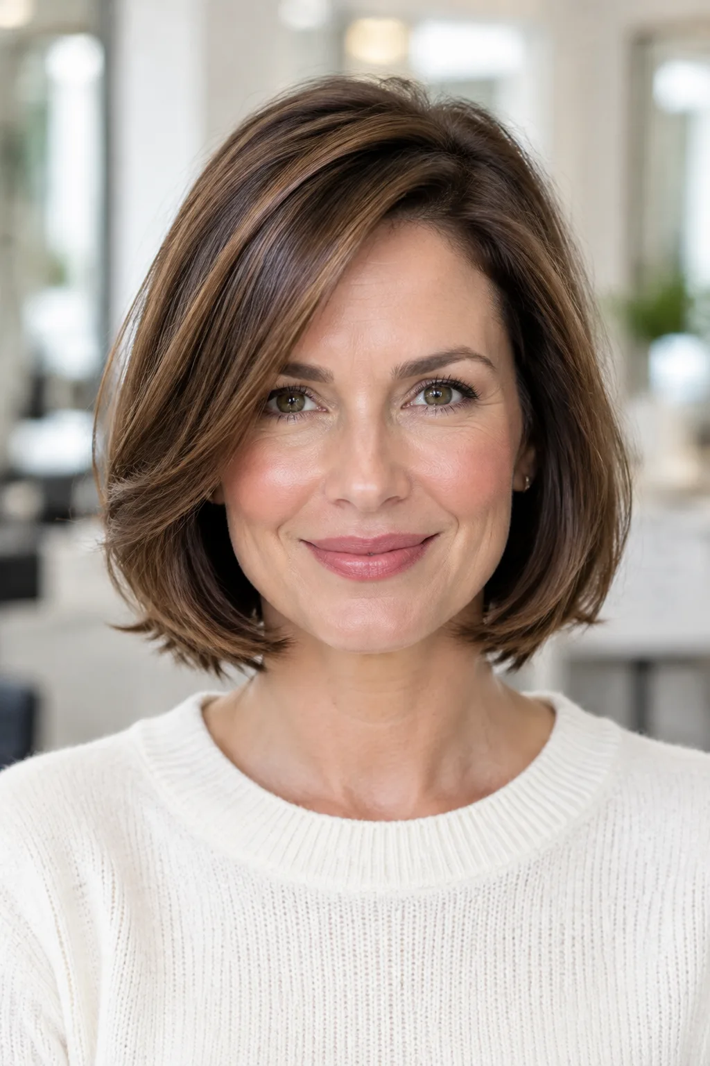Woman with a classic jaw-length layered bob and soft face-framing ends smiling at camera