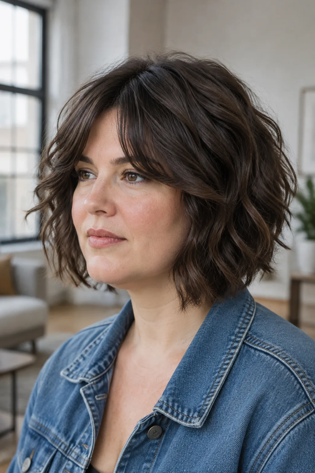 Woman with a choppy layered bob and wispy curtain bangs looking off to the side