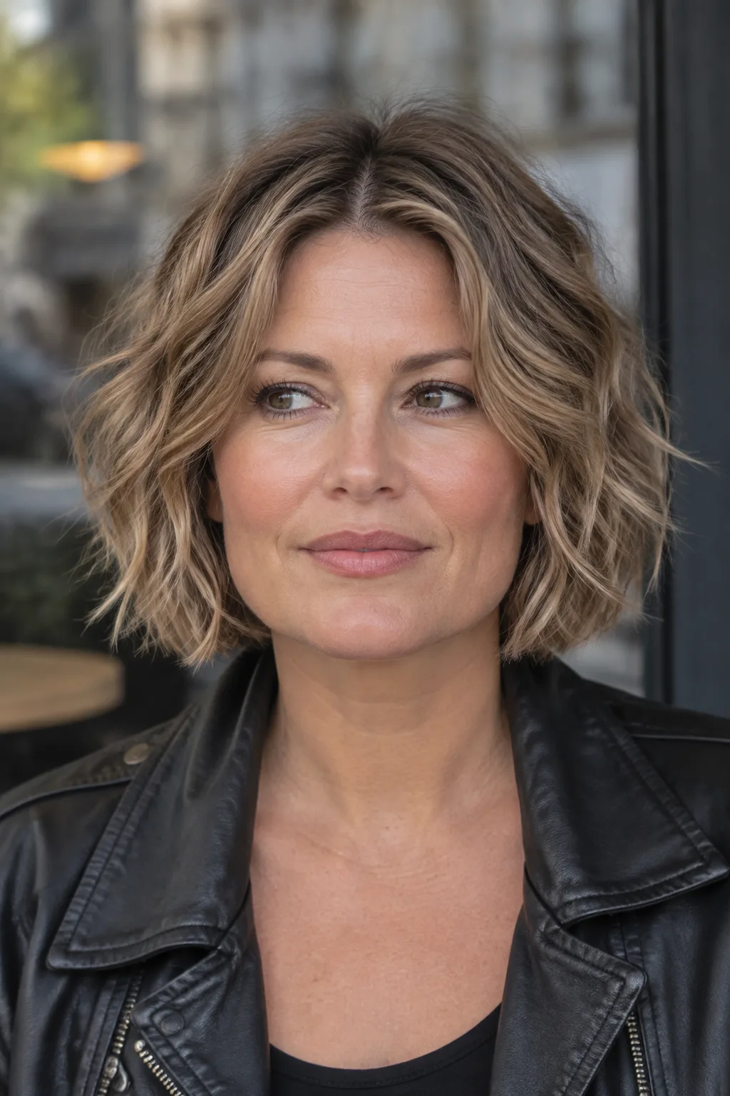 Woman with a razor-cut layered bob with piecey ends looking off camera