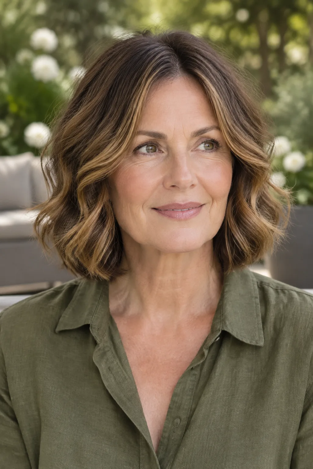 Woman with a soft wavy layered bob and center part facing forward