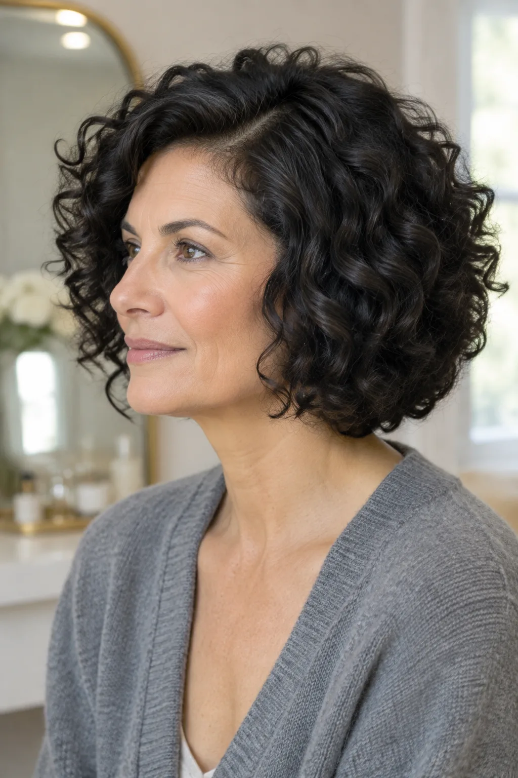 Woman with a curly layered bob showing natural texture in profile view
