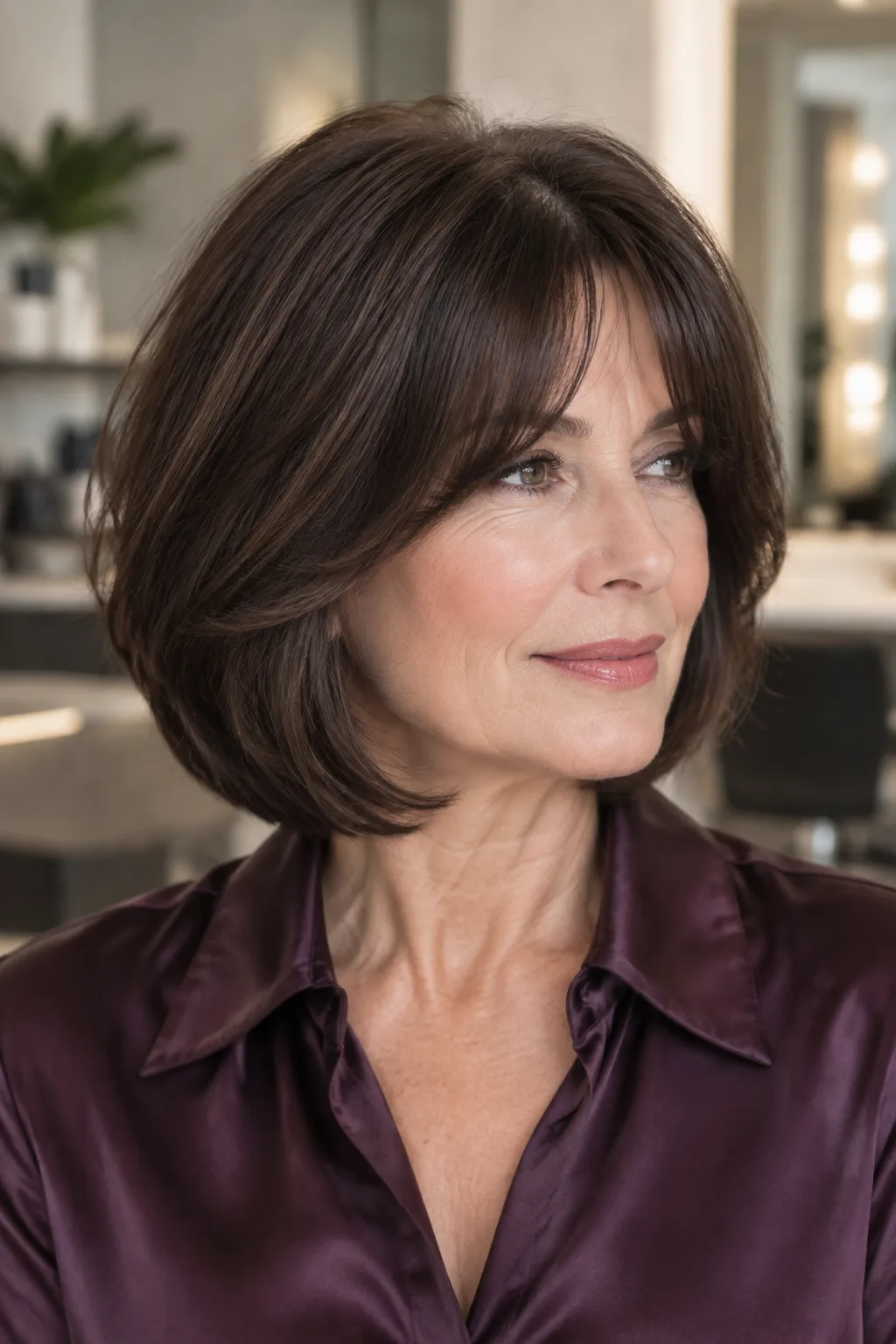 Woman with a dark chocolate layered bob and long bottleneck bangs facing right