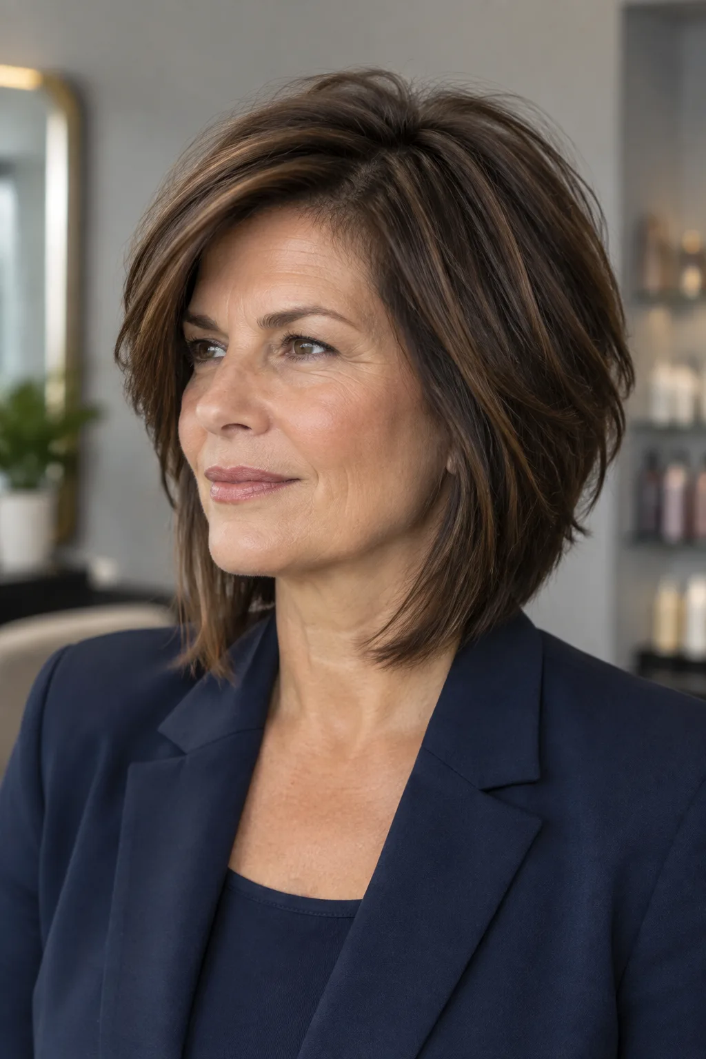 Woman over 50 with fine dark brown hair in a stacked collar-length choppy bob, three-quarter view facing left