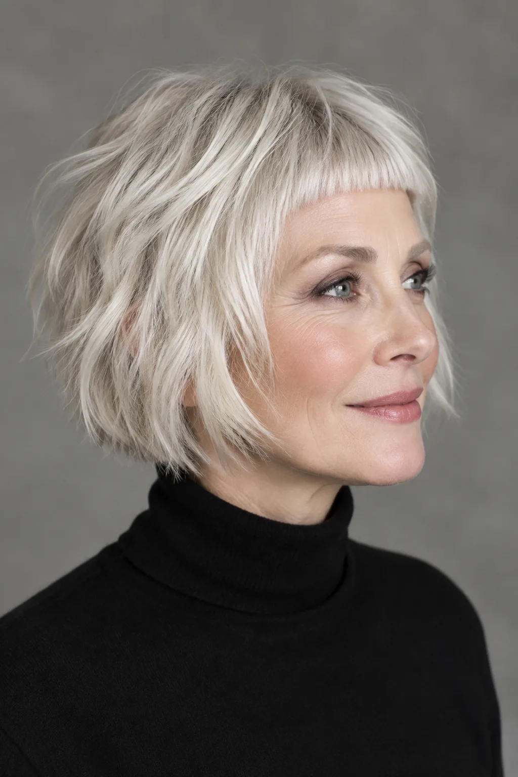 Profile view of woman over 50 with fine platinum hair in a cropped choppy bob with micro bangs