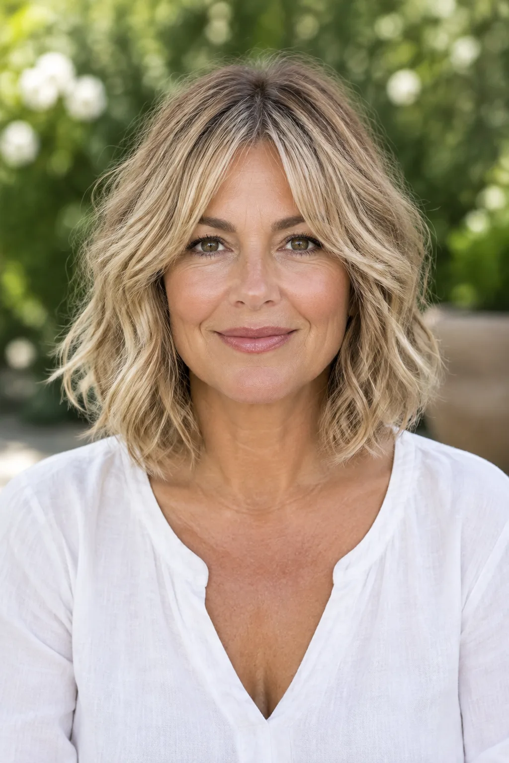 Front view of woman over 50 with fine honey blonde hair in a choppy bob with face-framing curtain layers