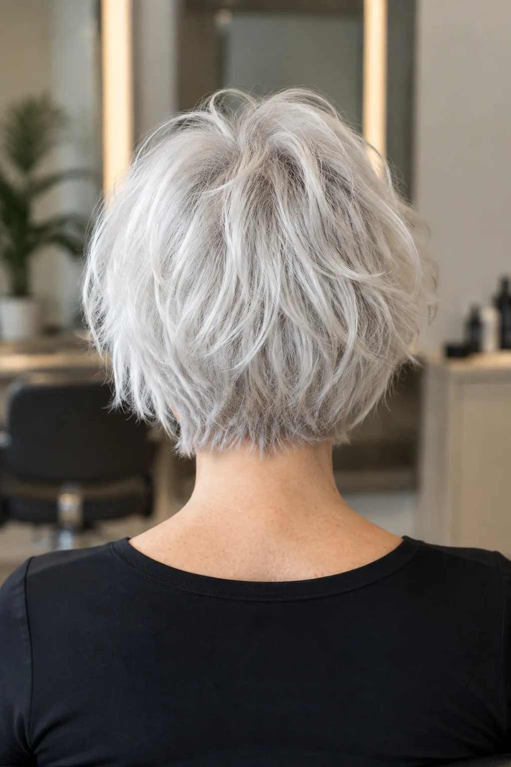 Rear view of woman over 50 with fine white hair in a short choppy crop bob with textured crown