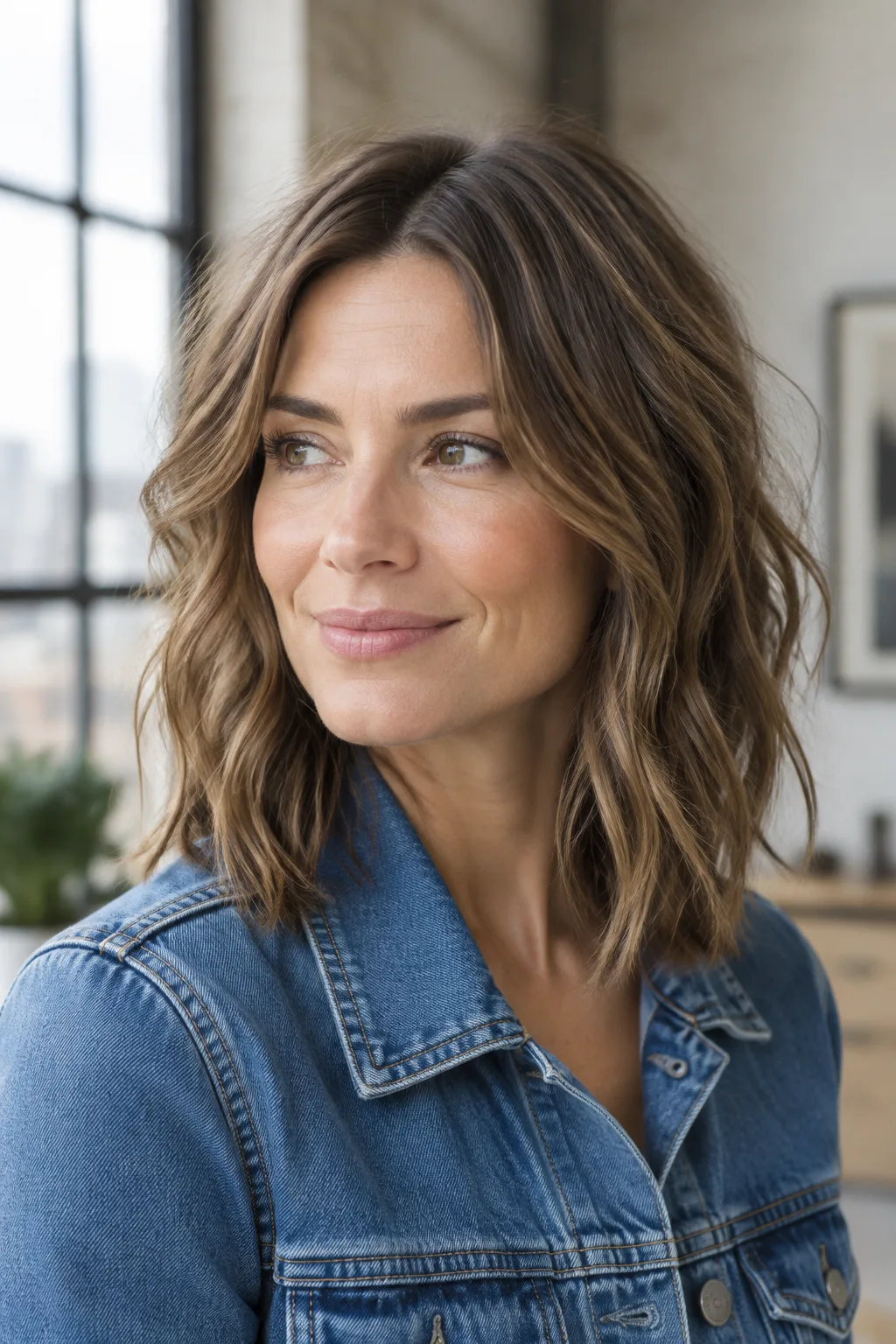 Woman with textured light brown long bob and razored ends in an urban loft setting