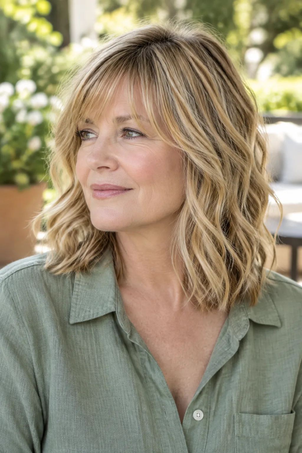 Woman with honey blonde long bob and wispy bangs looking away in a garden