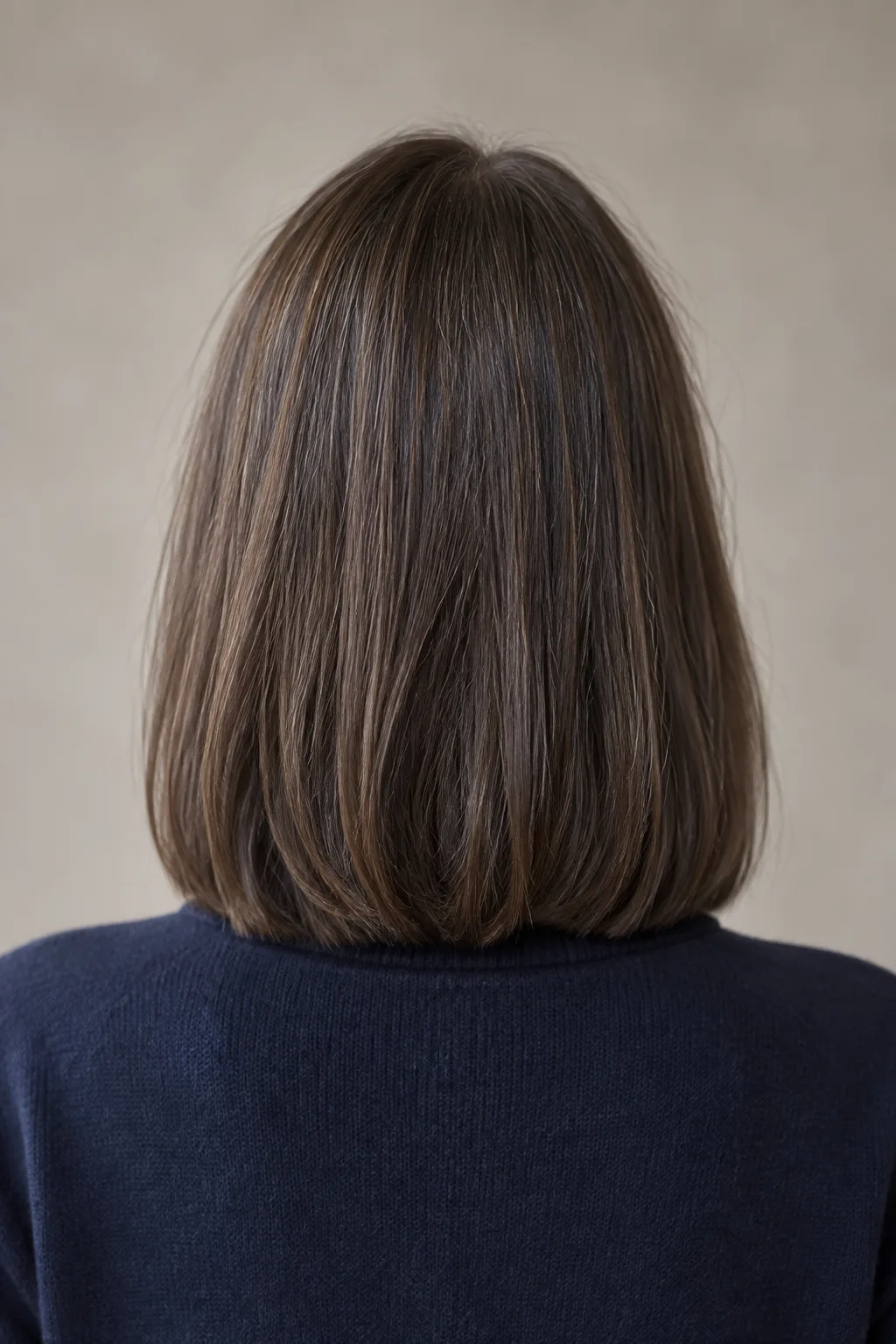 Rear view of a dark brown long bob showing a clean weight line at the back