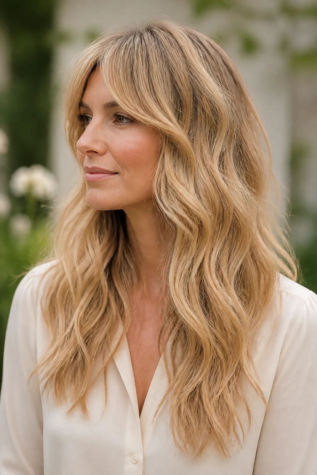 Woman with blonde long shag and bardot fringe in profile facing left in outdoor garden
