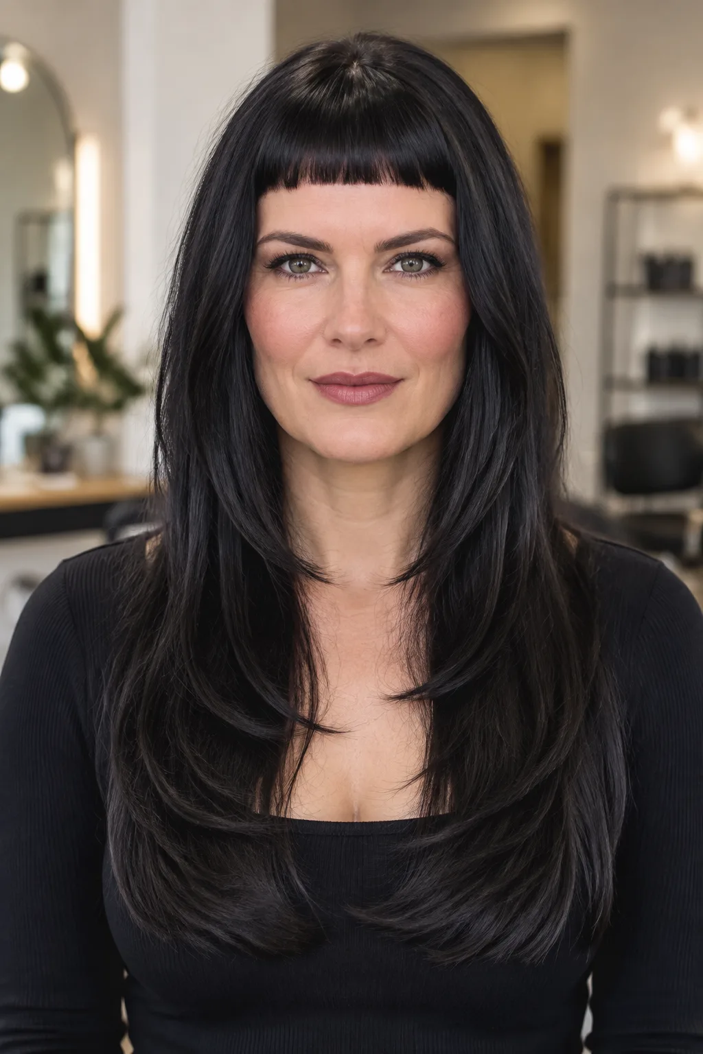 Woman with black long shag and micro bangs facing camera in modern hair salon