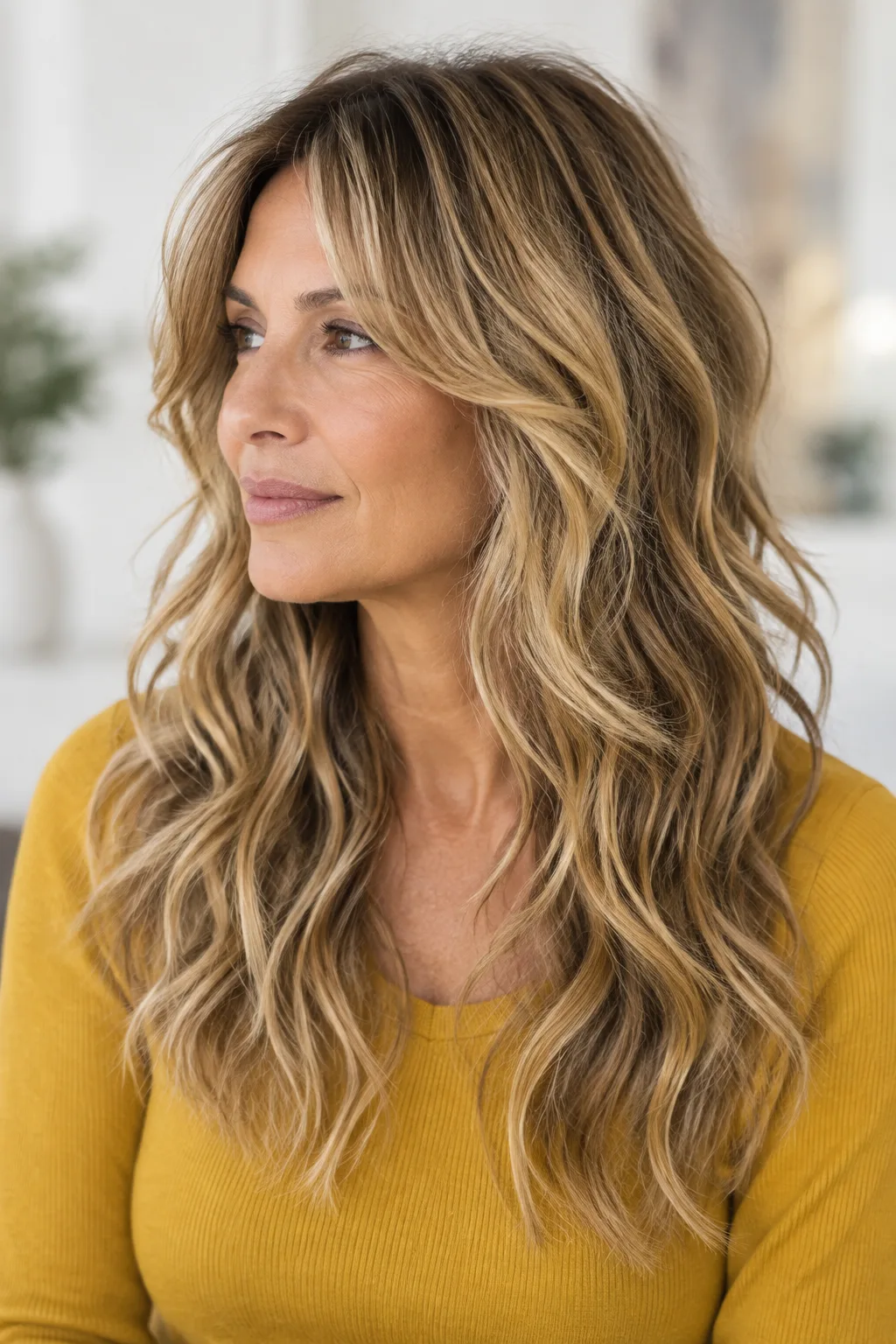 Woman with honey blonde long shag and split bangs in profile facing left in studio