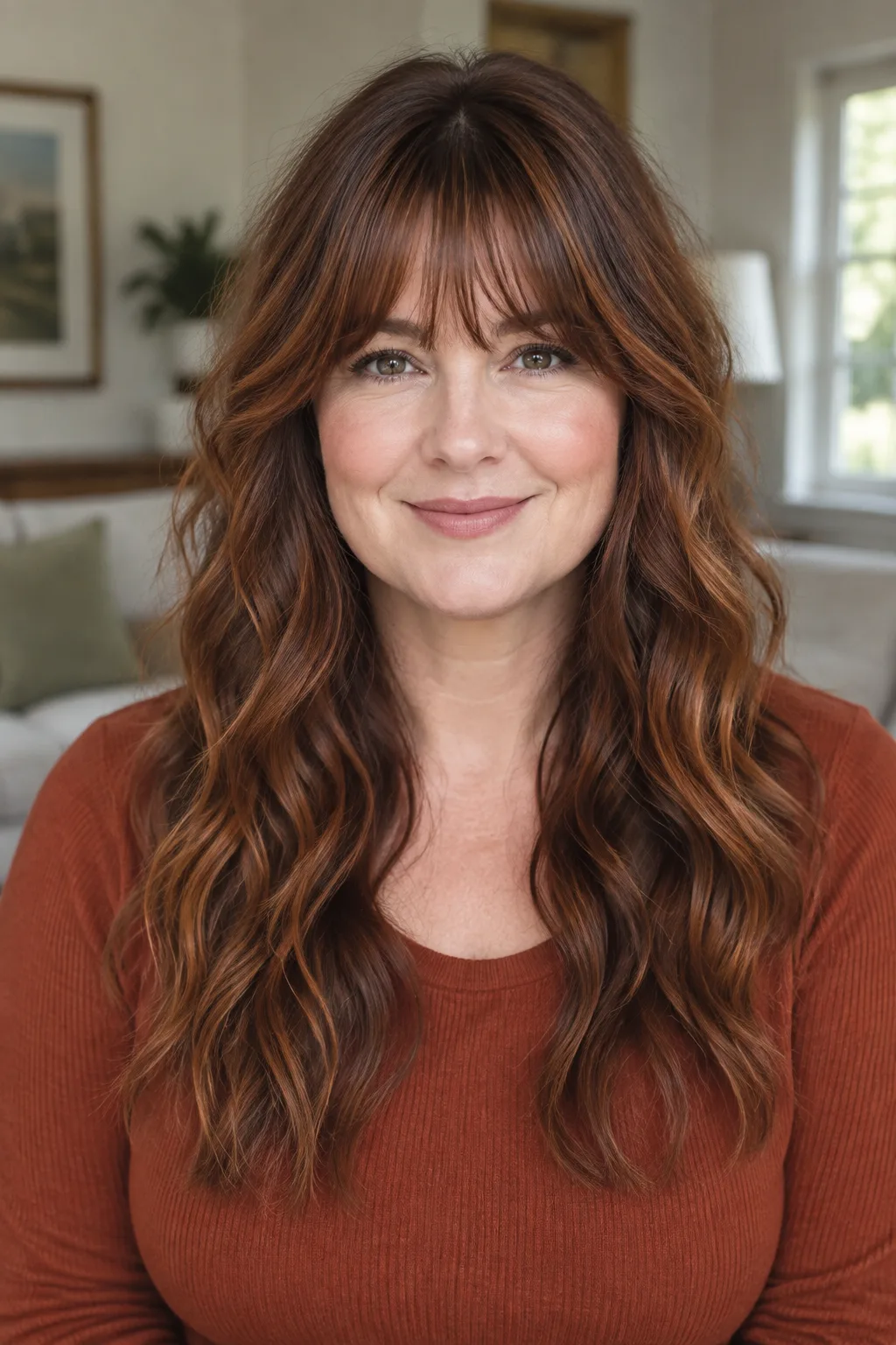 Woman with auburn long shag and brow-grazing bangs facing camera in living room