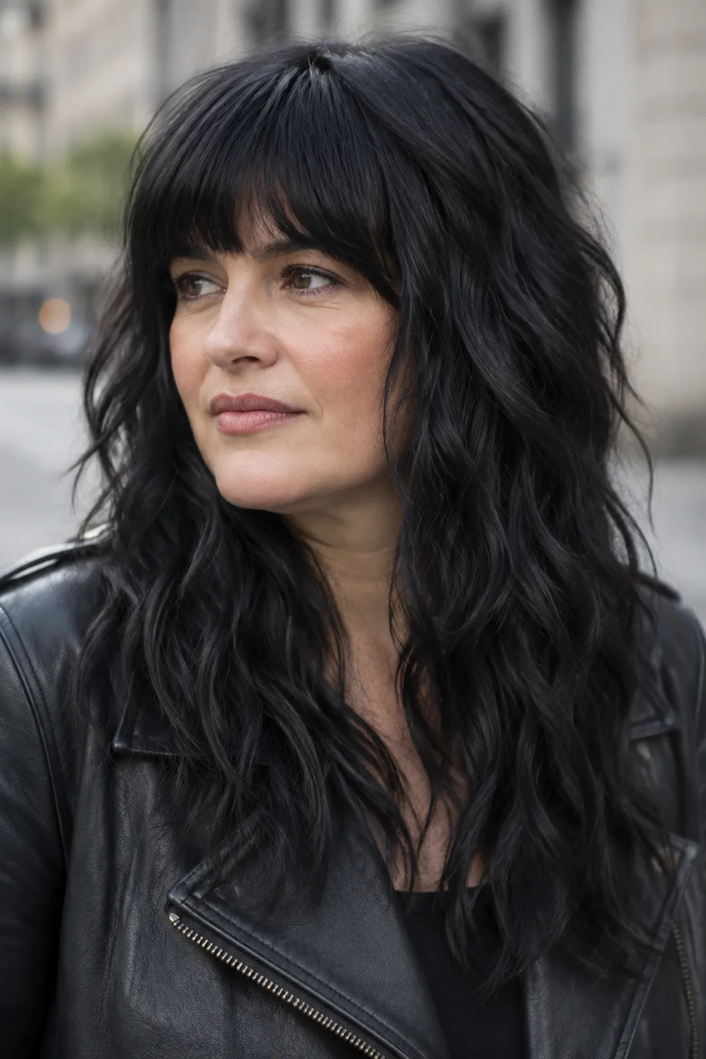 Woman with long black tousled shag haircut and blunt bangs on a city street