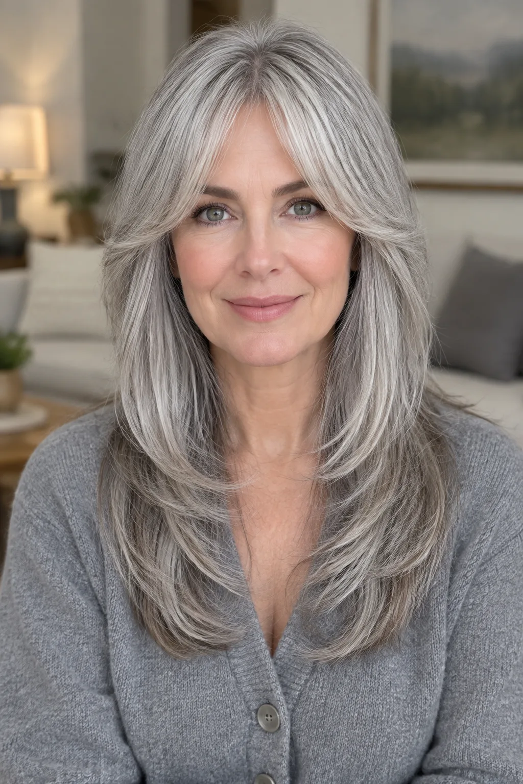 Woman with long gray shag haircut and soft curtain fringe smiling at the camera