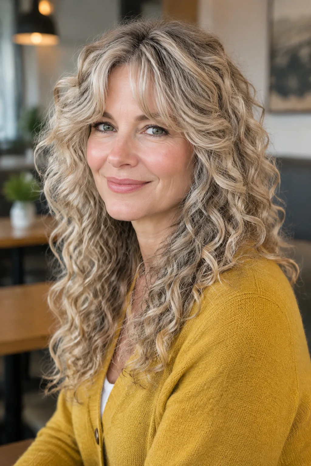Woman with long ash blonde curly shag and split bangs sitting in a cafe