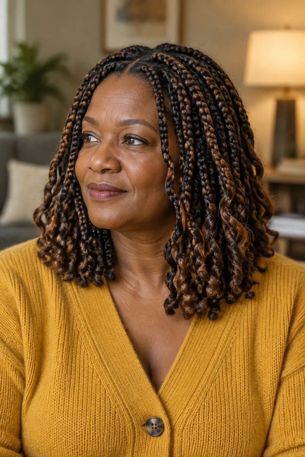 Older Black woman wearing chunky shoulder-length box braids with rounded ends in a three-quarter view