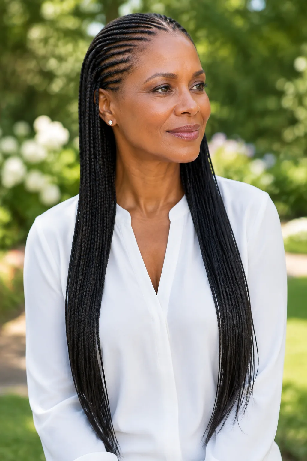 Older Black woman with long feed-in cornrows and a center part looking off to the right
