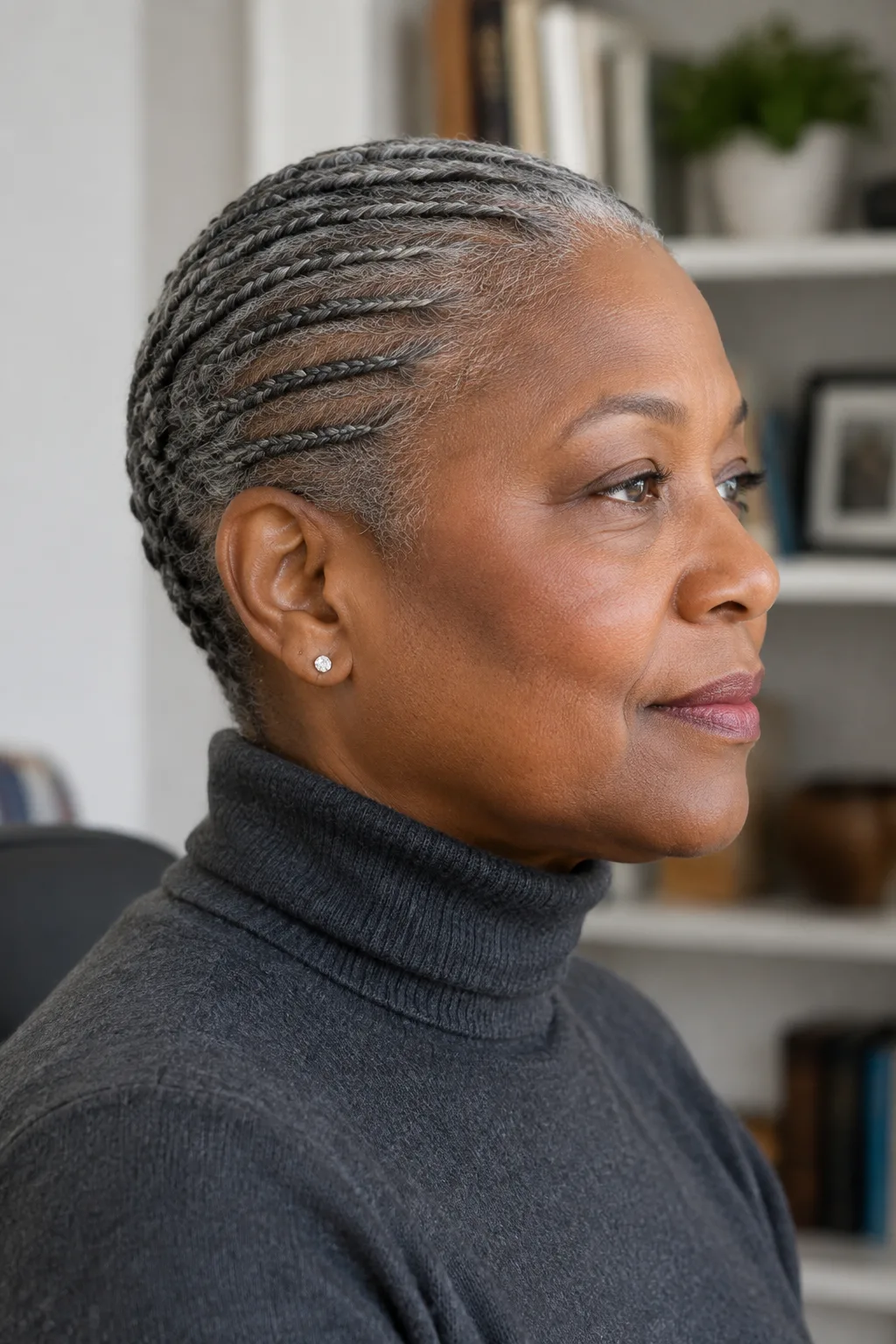 Older Black woman with a short gray micro-braided pixie hairstyle shown in profile