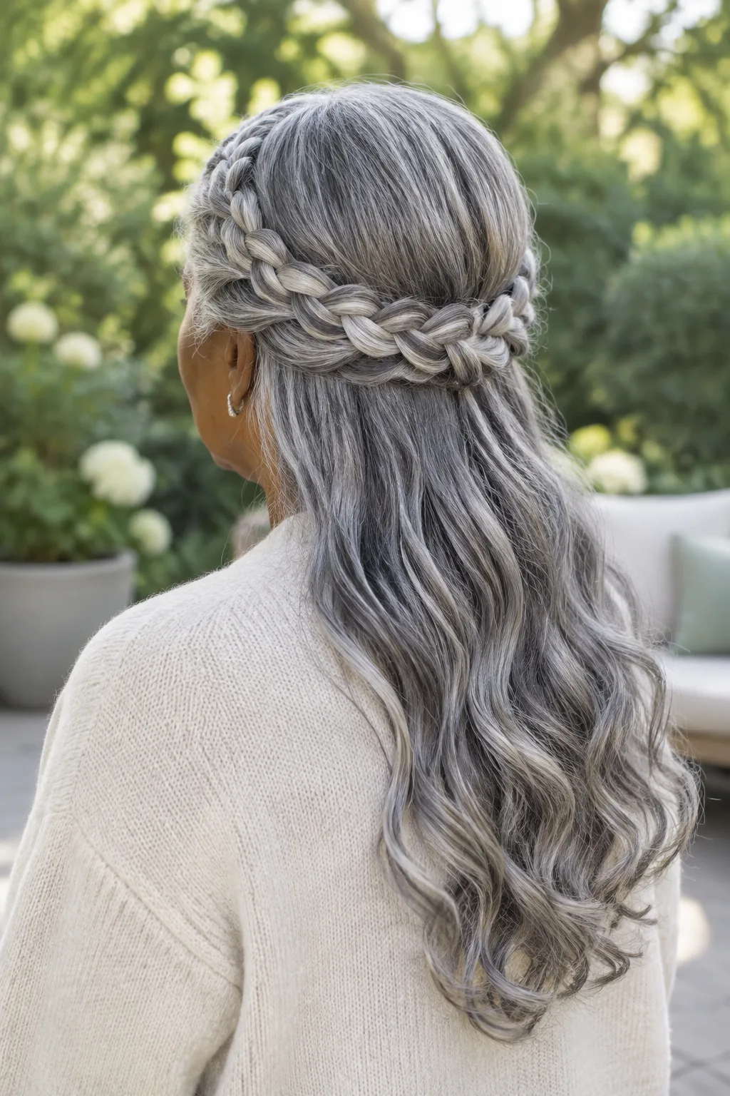Rear three-quarter view of an older Black woman with a silver-gray halo braid crown