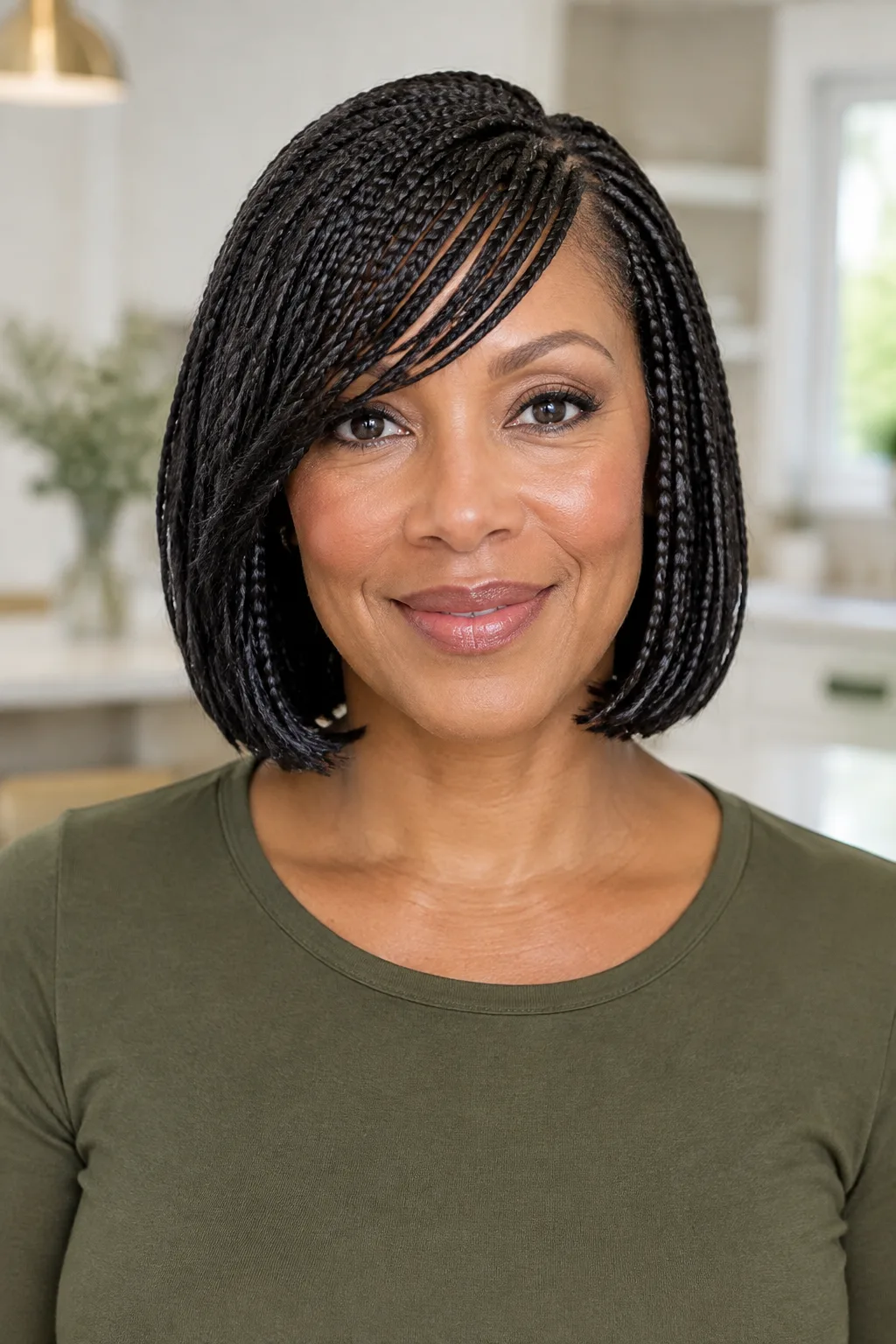 Older Black woman with a blunt braided bob and side-swept bang facing the camera