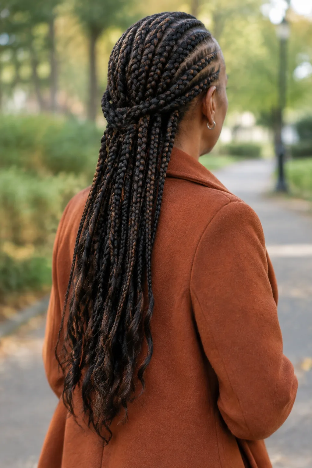 Rear three-quarter view of an older Black woman with tapered nape cornrows and loose braided length