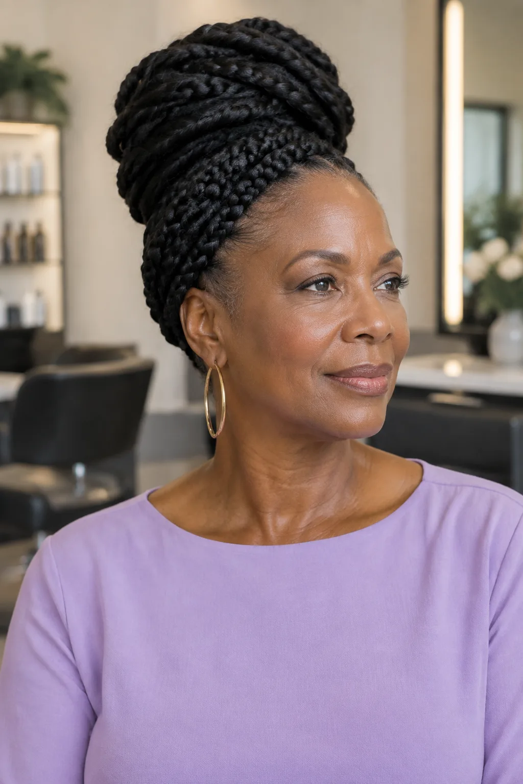 Older Black woman with jumbo box braids pulled into a high bun looking to the right