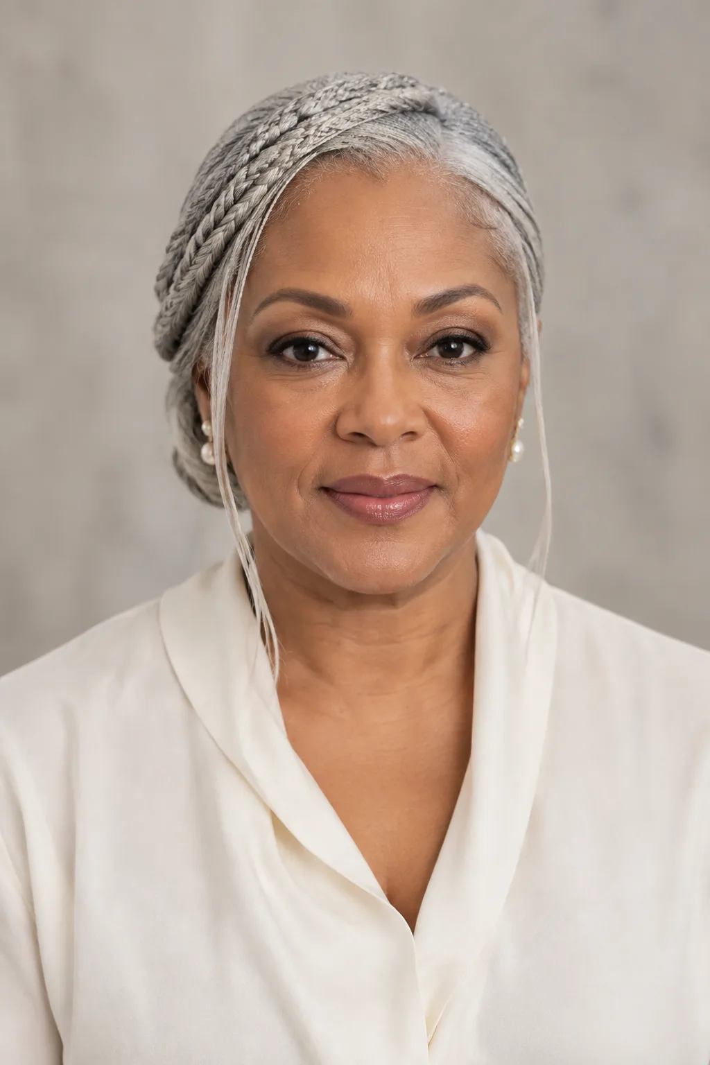 Older Black woman with a low braided chignon and silver baby hairs facing the camera