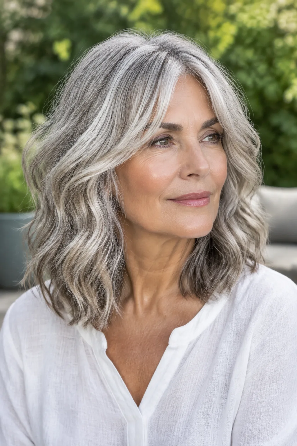Woman over 60 with silver gray lob and soft curtain bangs, turned toward the right