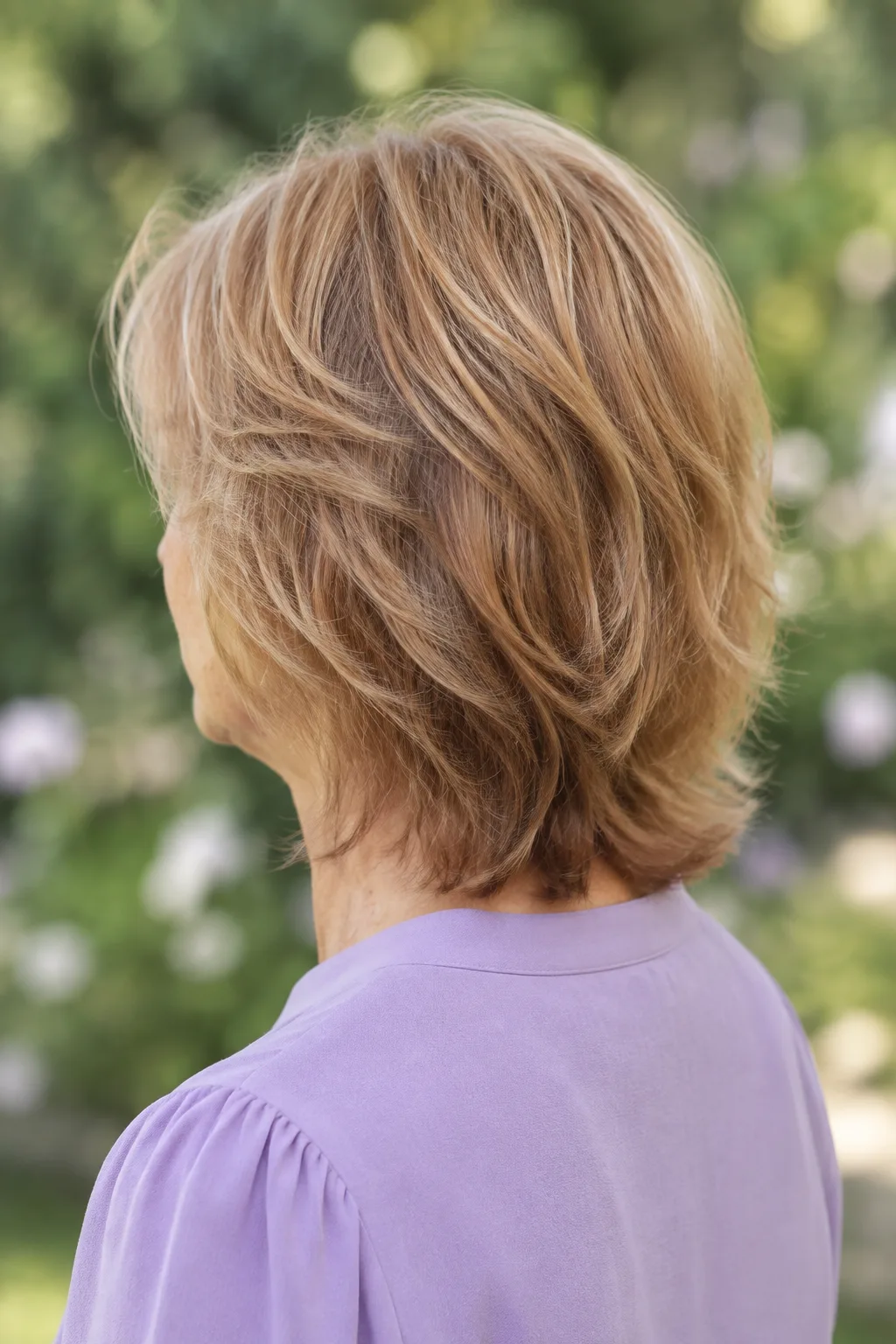 Rear three-quarter view of woman over 60 with strawberry blonde layered cut and tapered nape