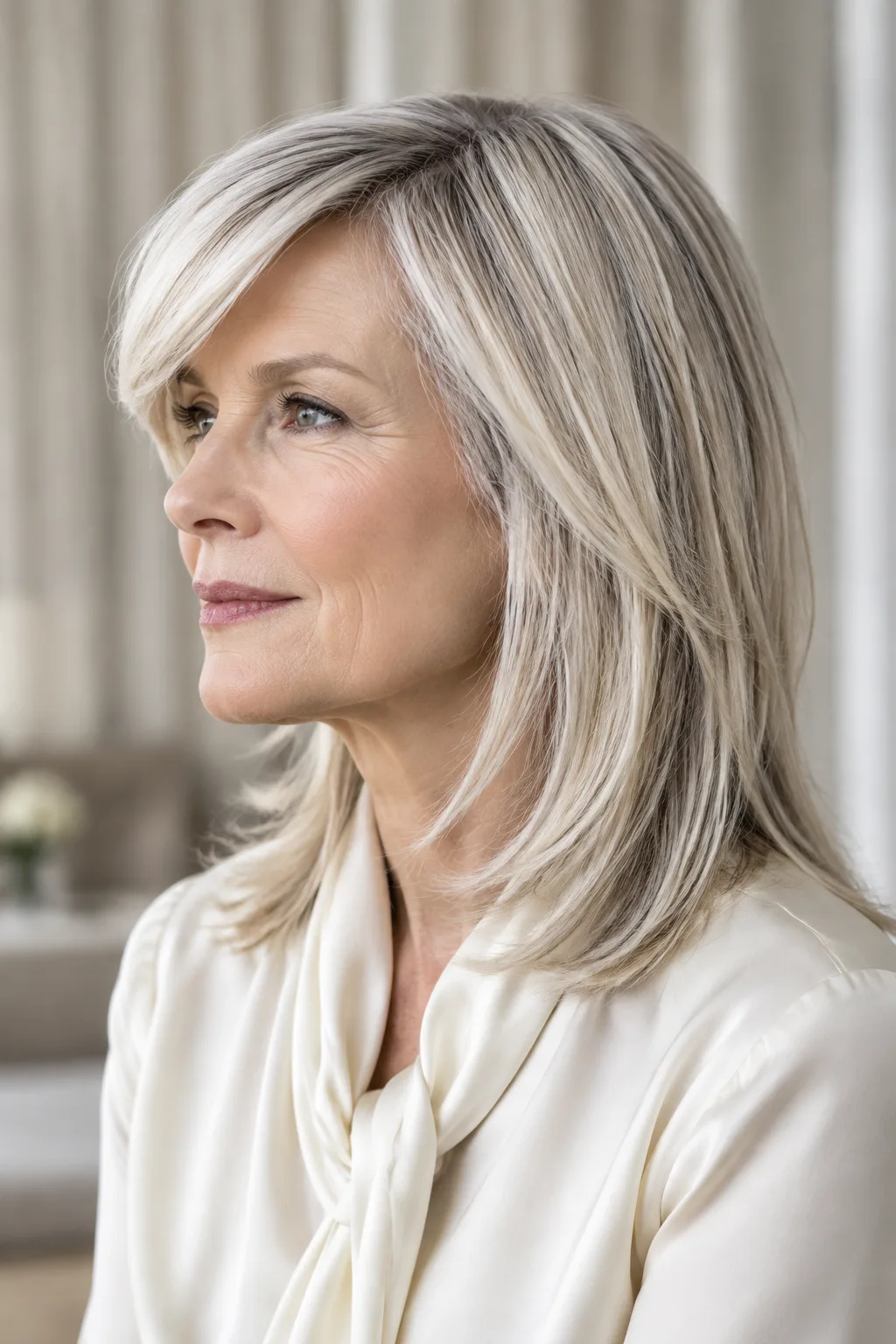 Profile of woman over 60 with sleek platinum layers and deep side part, gaze left